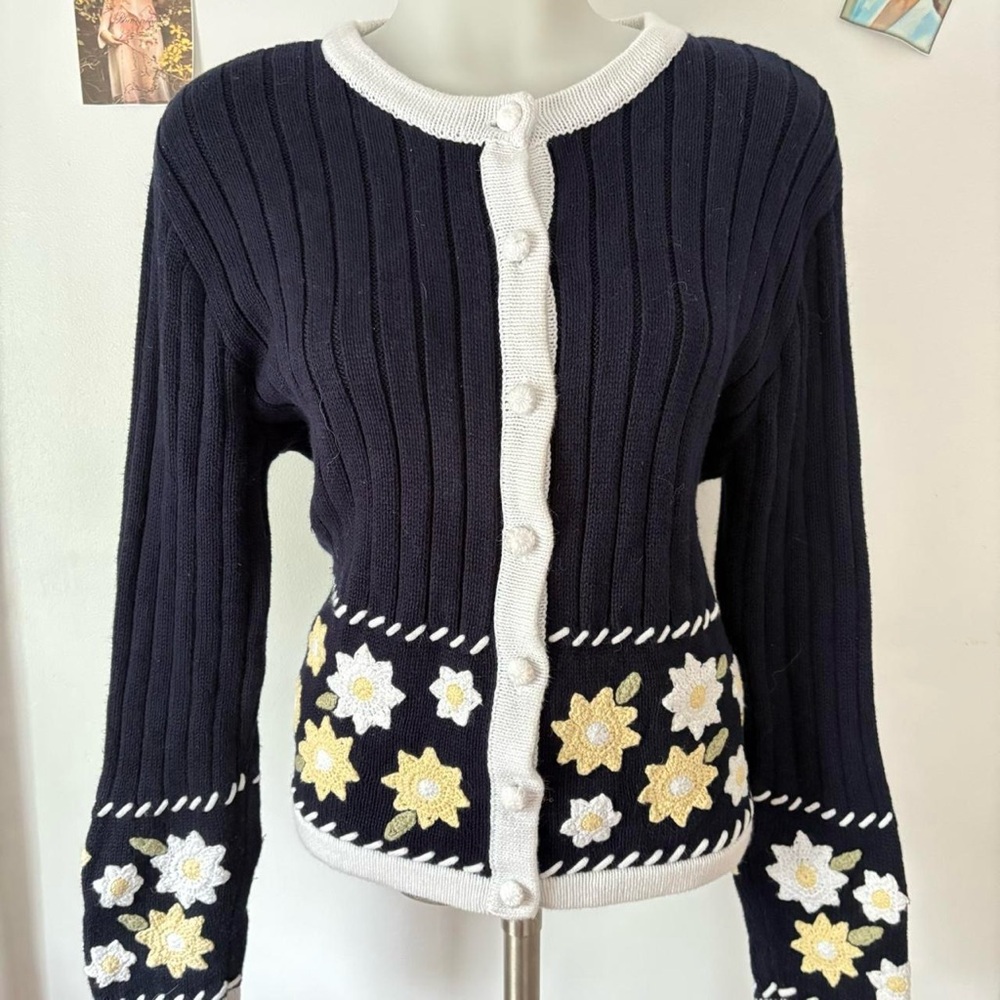 Vintage Navy Floral Embroidered Button Cardigan Sweater